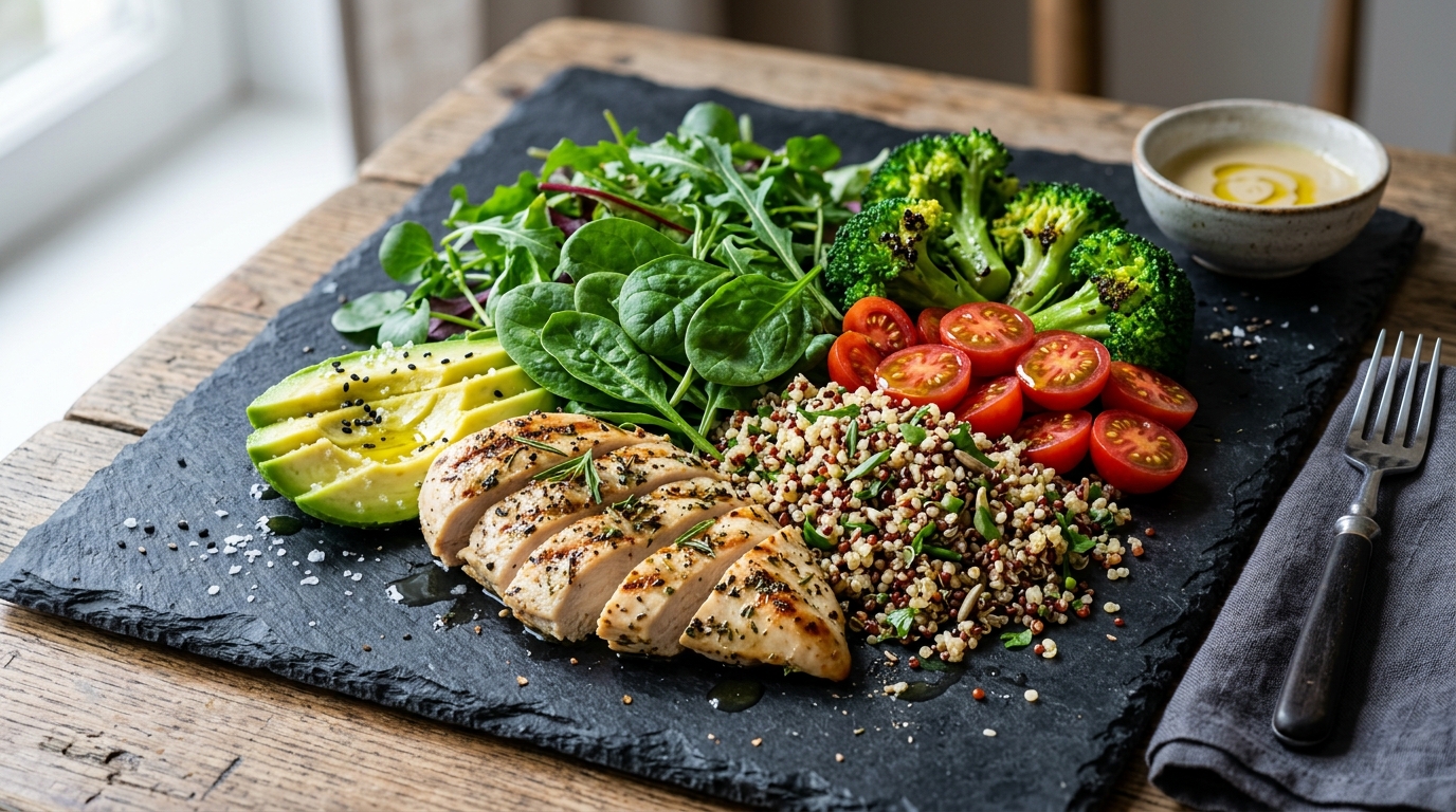 Prato Saudável com Frango Grelhado, Abacate e Quinoa